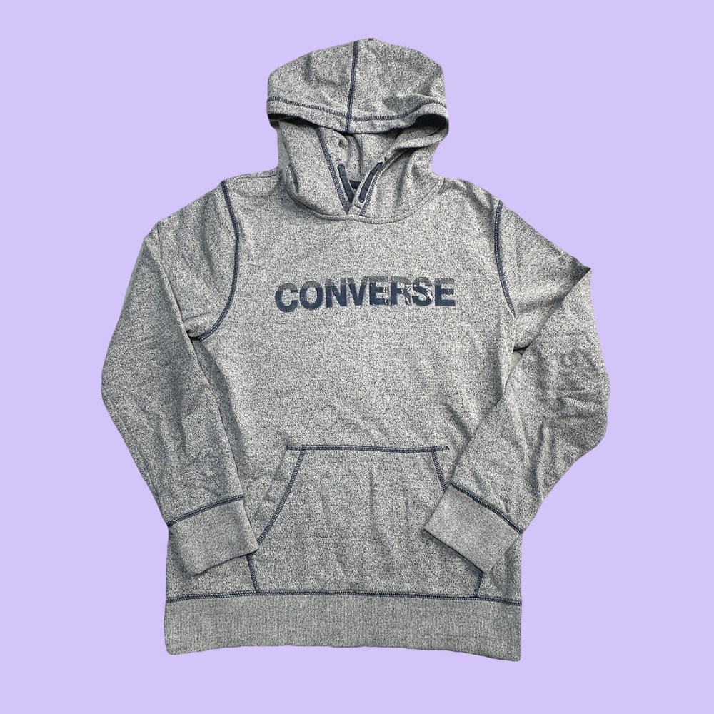 Converse Hoodie Boys L Grey All Star Pullover Logo Kangaroo Pocket Sweatshirt